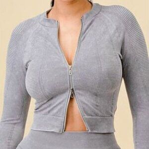 Mineral Wash Double Zipper 2-Piece Activewear Set in Gray